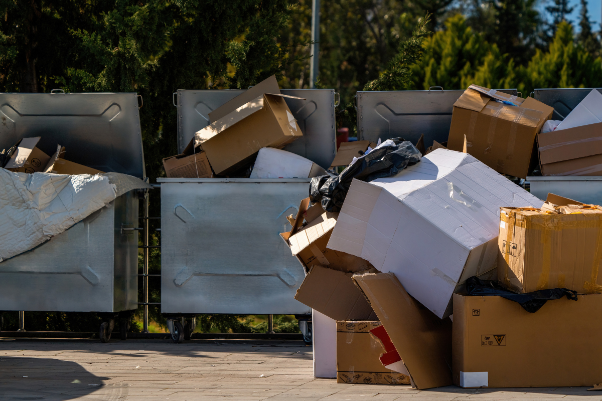 A pile of cardboard boxes and trash bags overflowing from silver dumpsters against a backdrop of greenery.